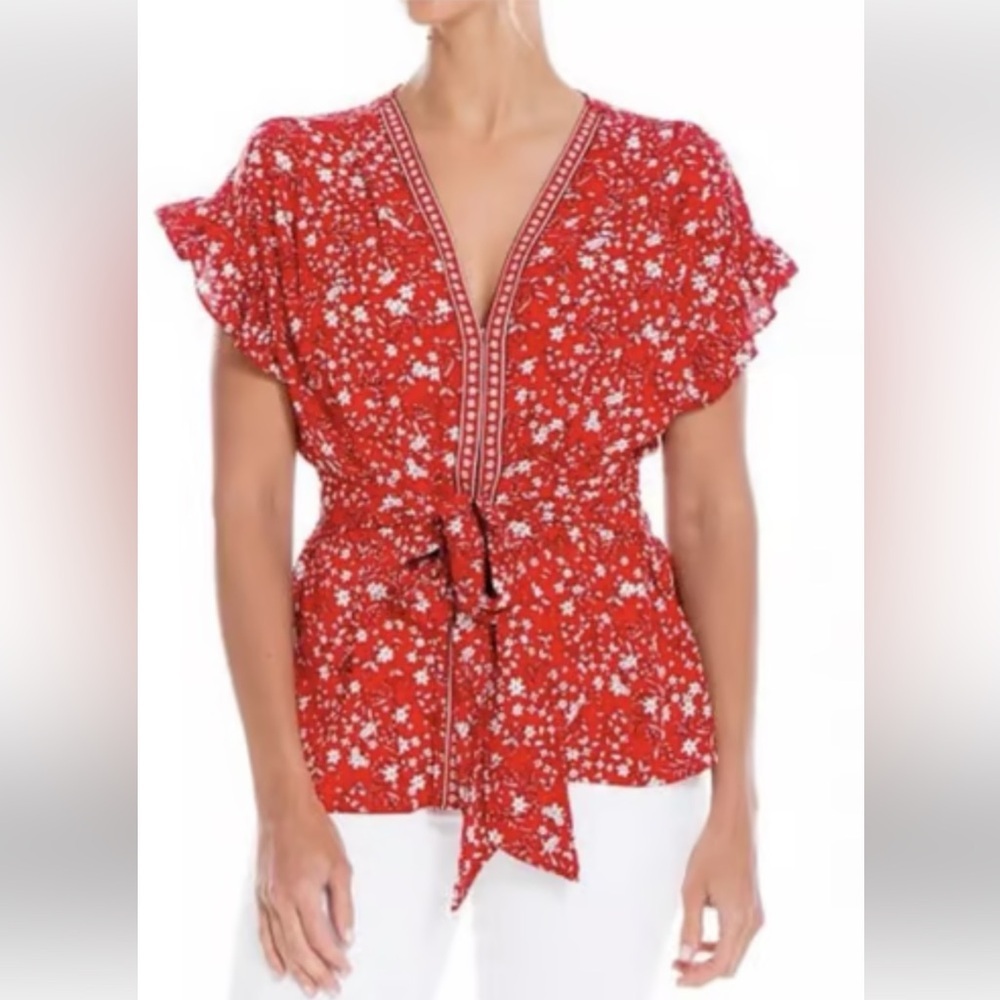 MAX STUDIO Scarlet Red Daisy Floral Ruffled Top Blouse Tie Waist Large